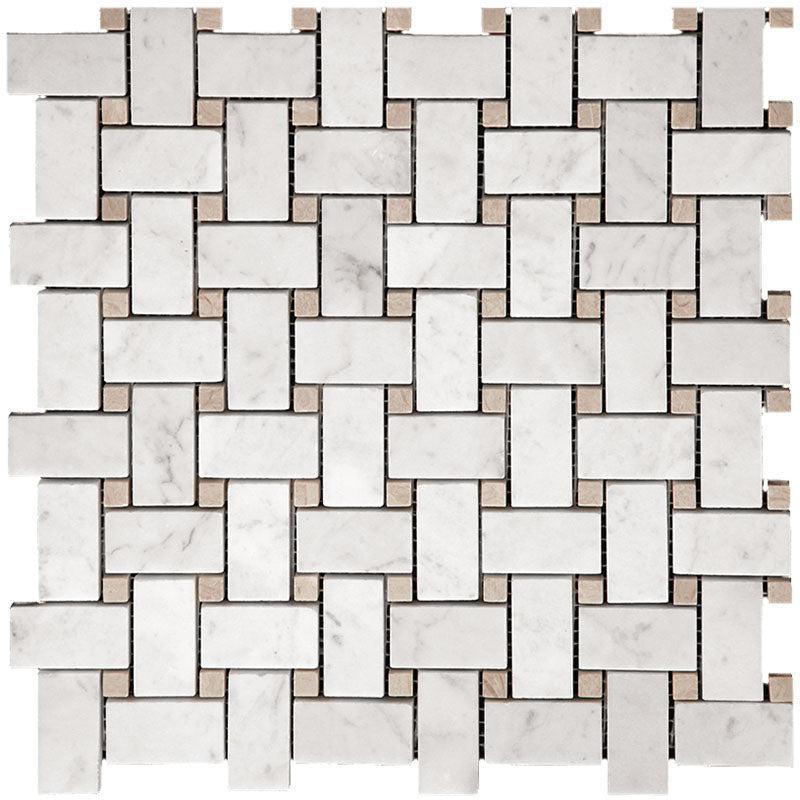 Basket Weave Carrara & Beige Dot Polished Marble Tile