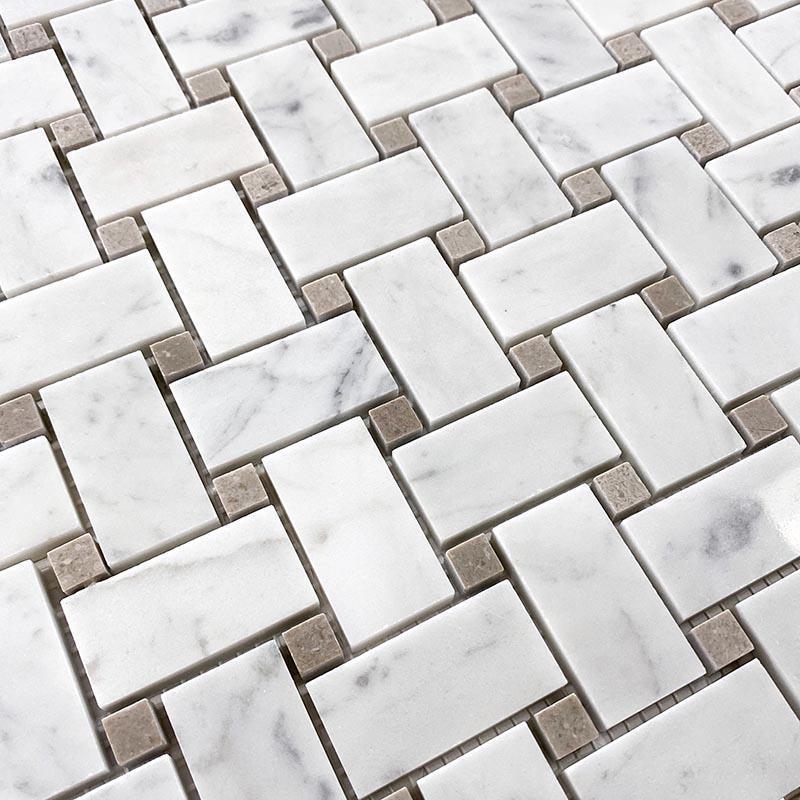 Basket Weave Carrara & Beige Dot Polished Marble Tile | Tile Club