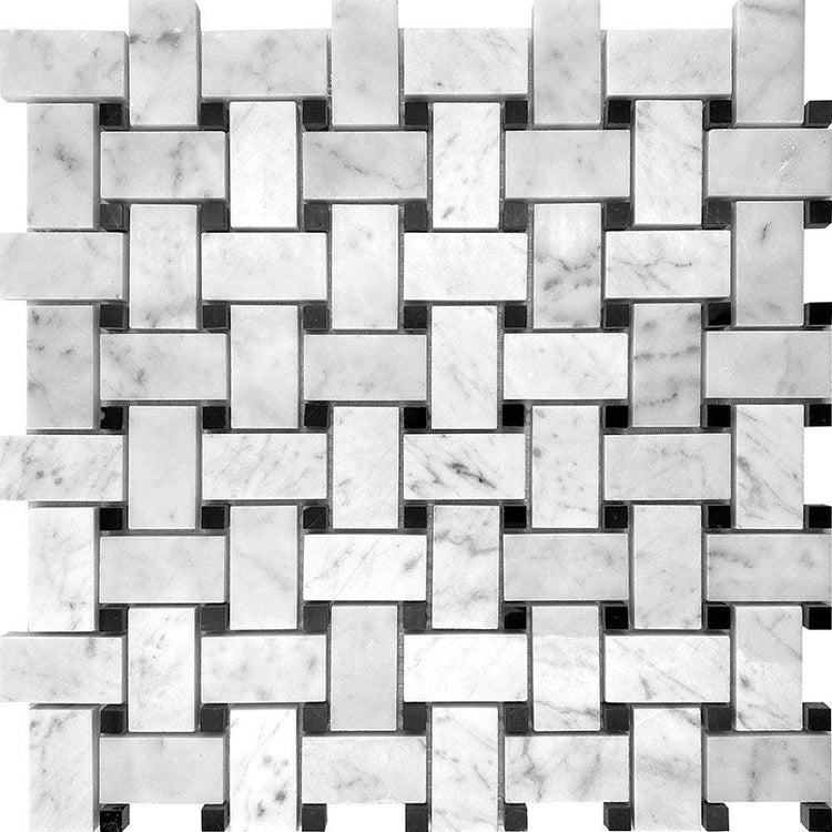 Large Carrara Basket Weave Tile with Black Dots Sample