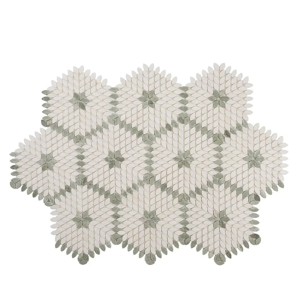 Santorini Green & White Petals Marble Mosaic Tile | Tile Club