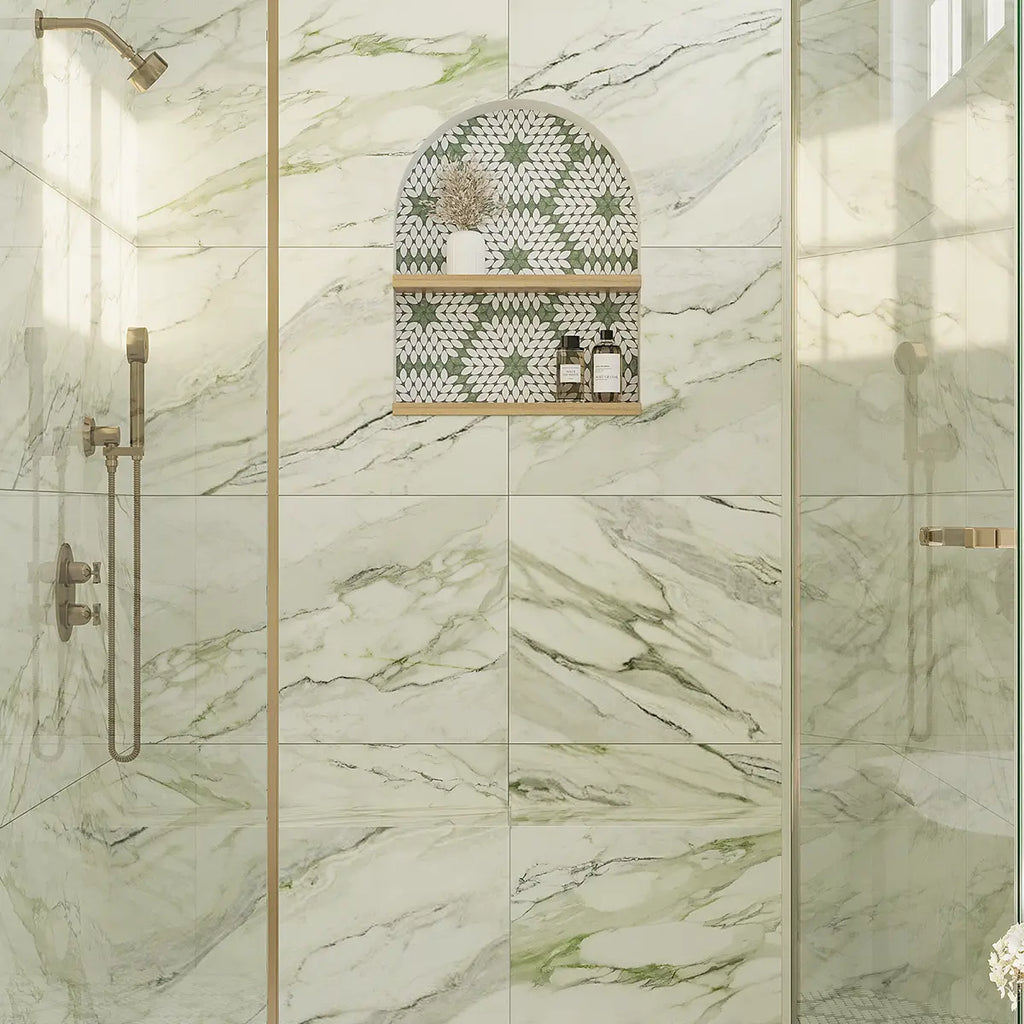 Santorini Green & White Petals Marble Mosaic Tile