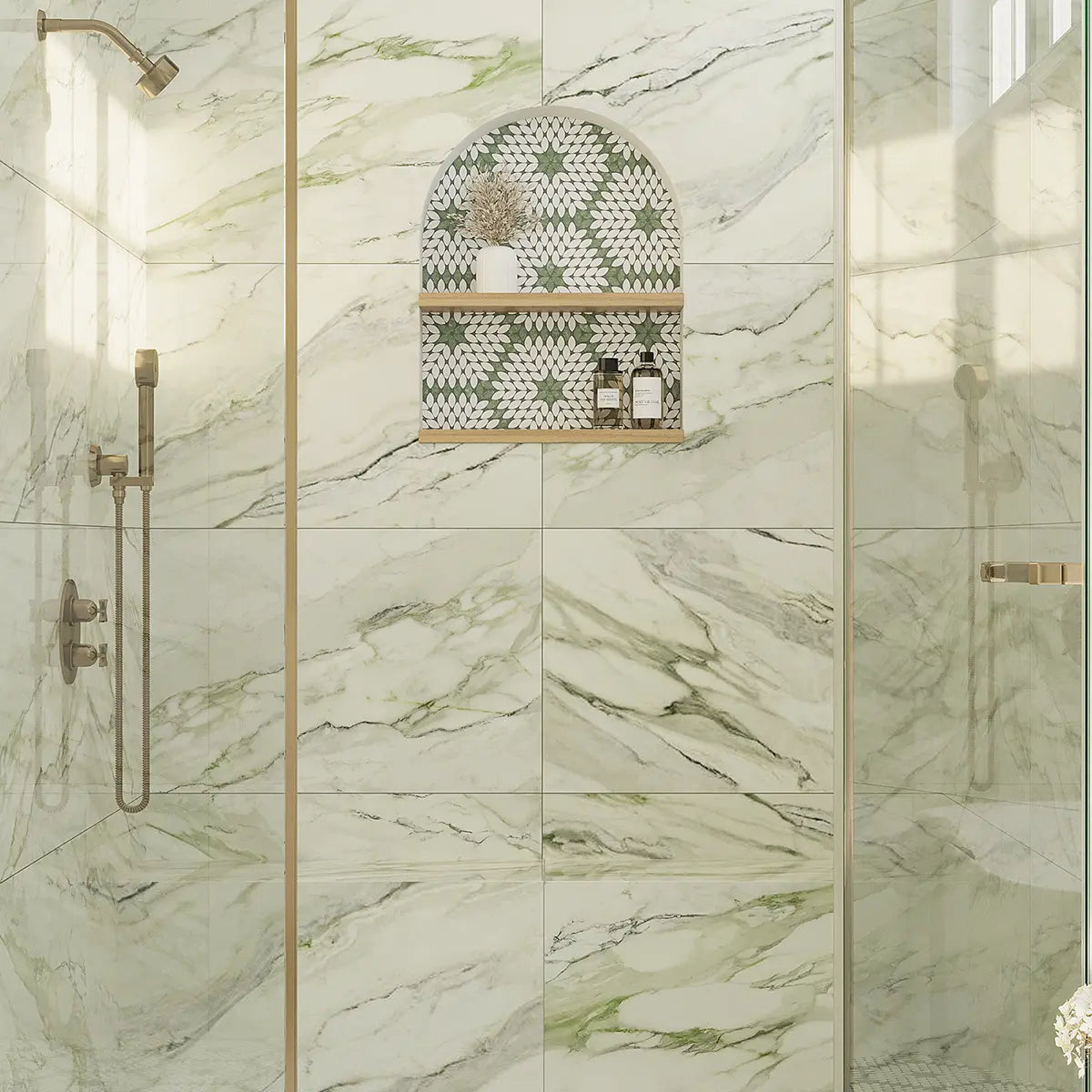 Santorini Green & White Petals Marble Mosaic Tile