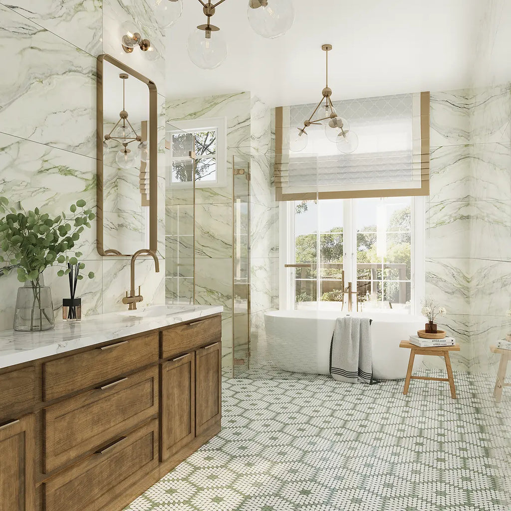 Santorini Green & White Petals Marble Mosaic Tile