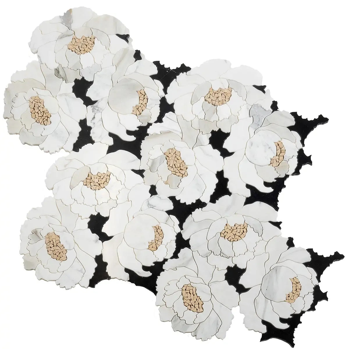 Peonia Flower Black and White Marble Waterjet Mosaic Tile | Tile Club