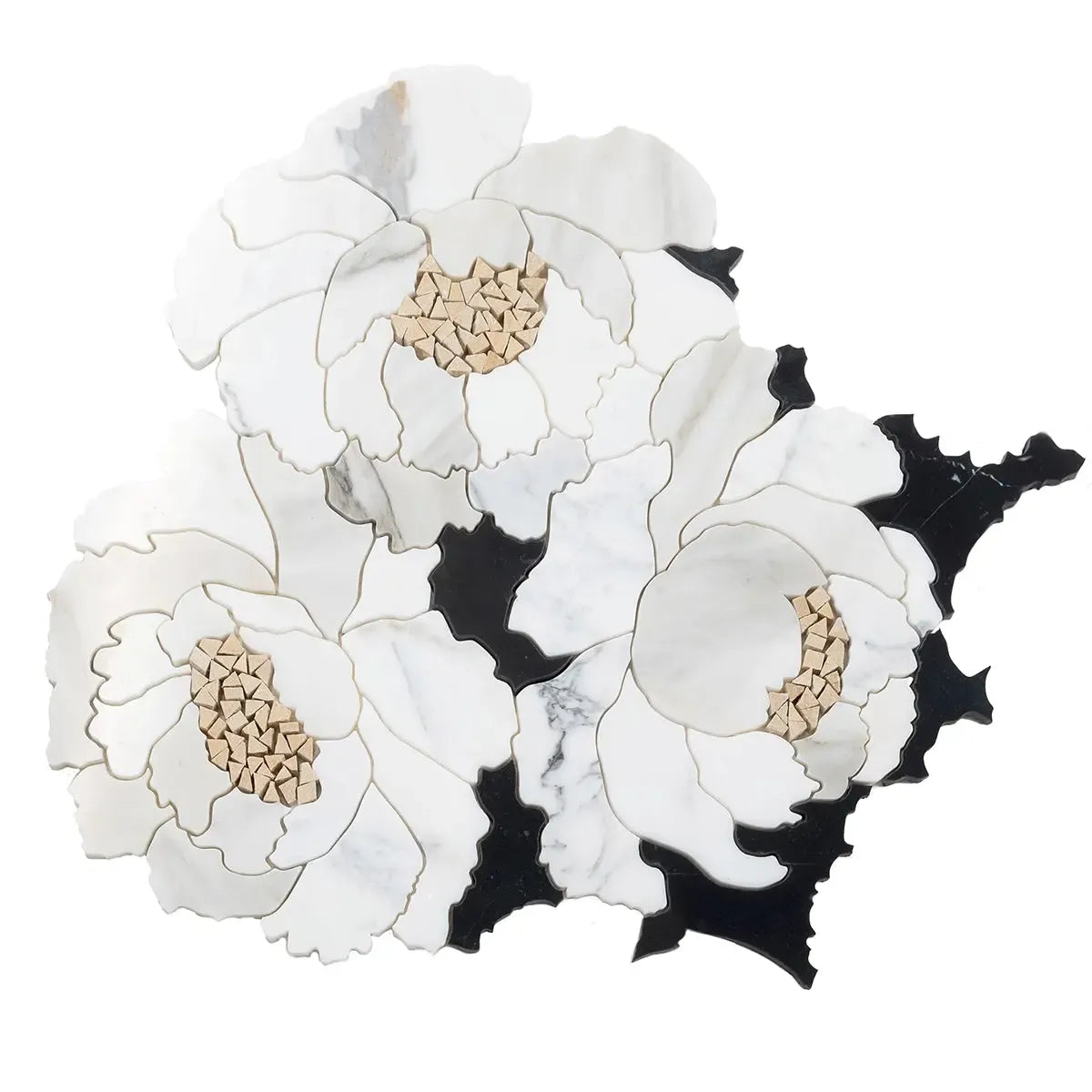 Peonia Flower Black and White Marble Waterjet Mosaic Tile | Tile Club