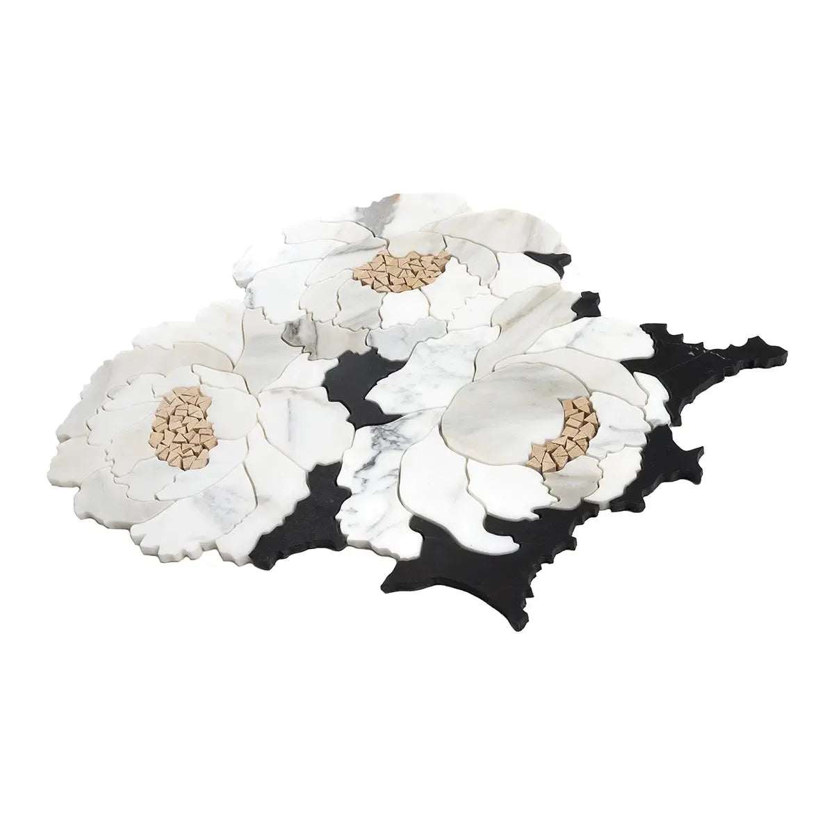 Peonia Flower Black and White Marble Waterjet Mosaic Tile | Tile Club