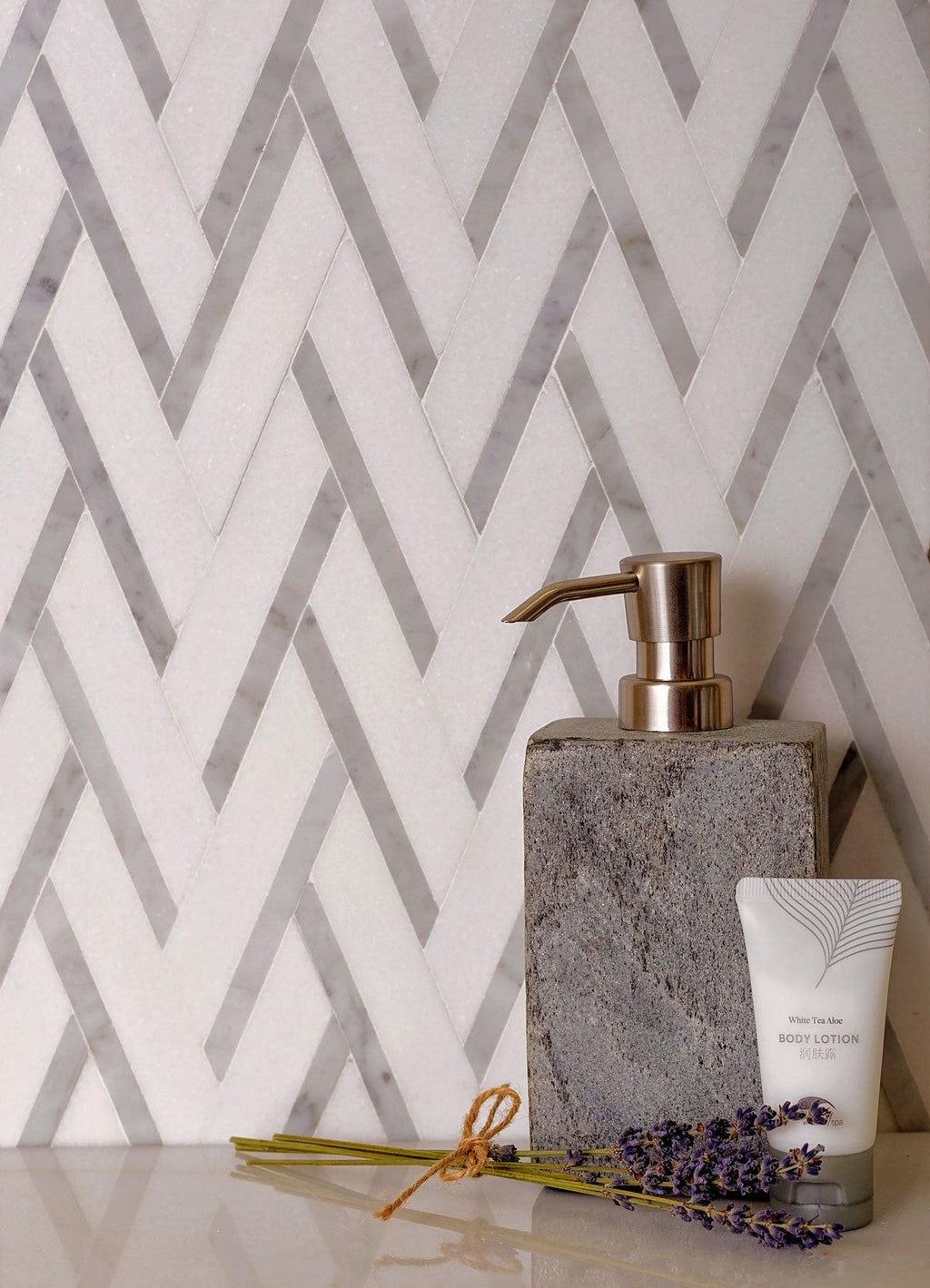 Thassos And Carrara Striped Chevron Mosaic Tile | Tile Club