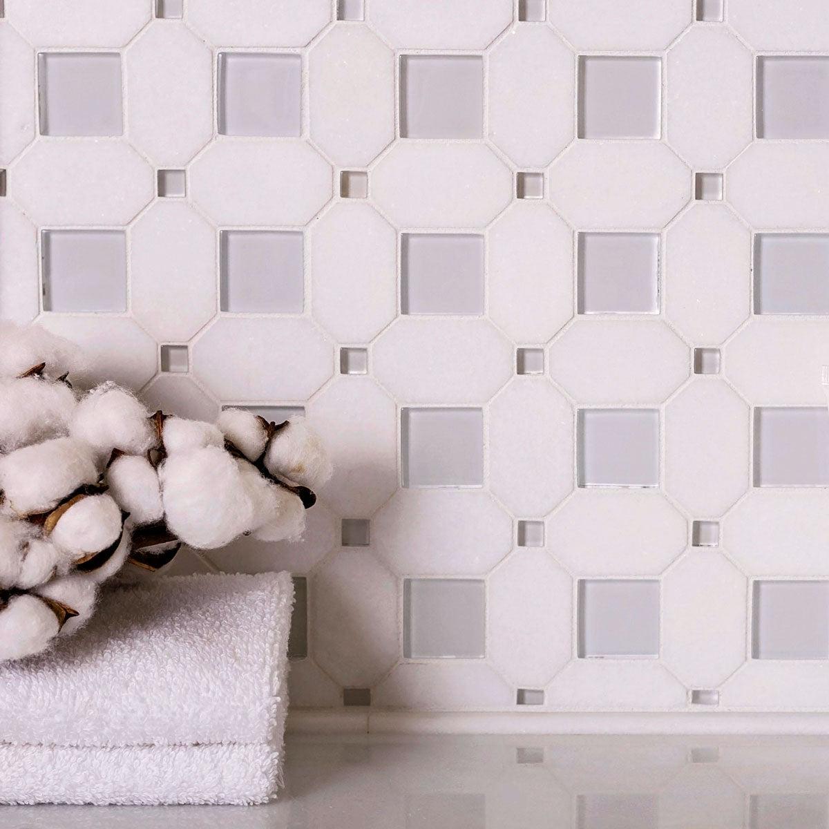 Thassos Octagon With Light Blue Glass Marble Mosaic Tile