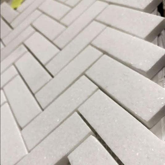 Thassos White Marble Herringbone Mosaic Tile | Tile Club