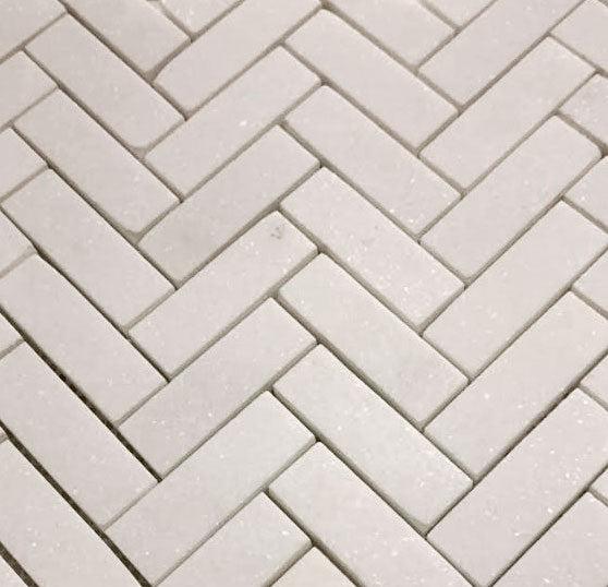 Thassos White Marble Herringbone Mosaic Tile | Tile Club