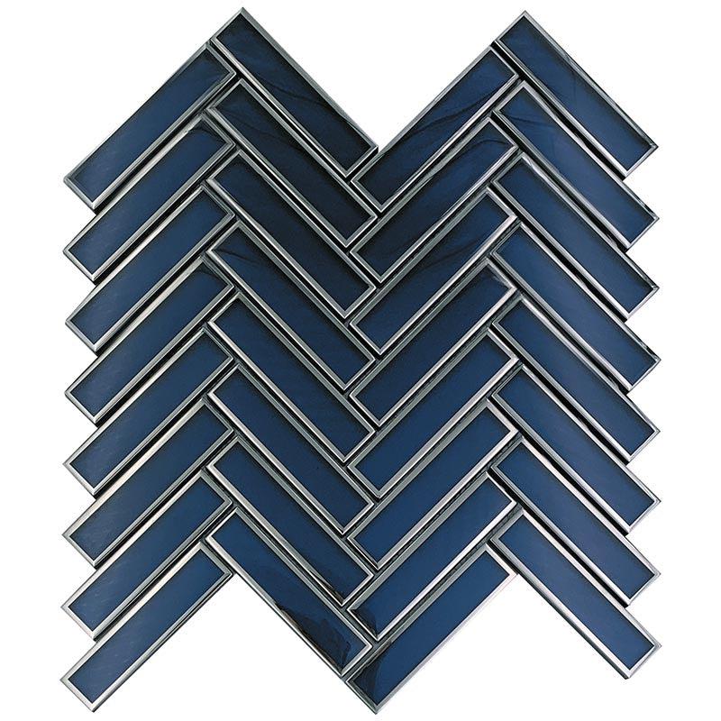 Blue Deco Herringbone Glass Mosaic Tile