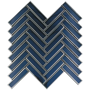 Blue Deco Herringbone Glass Mosaic Tile