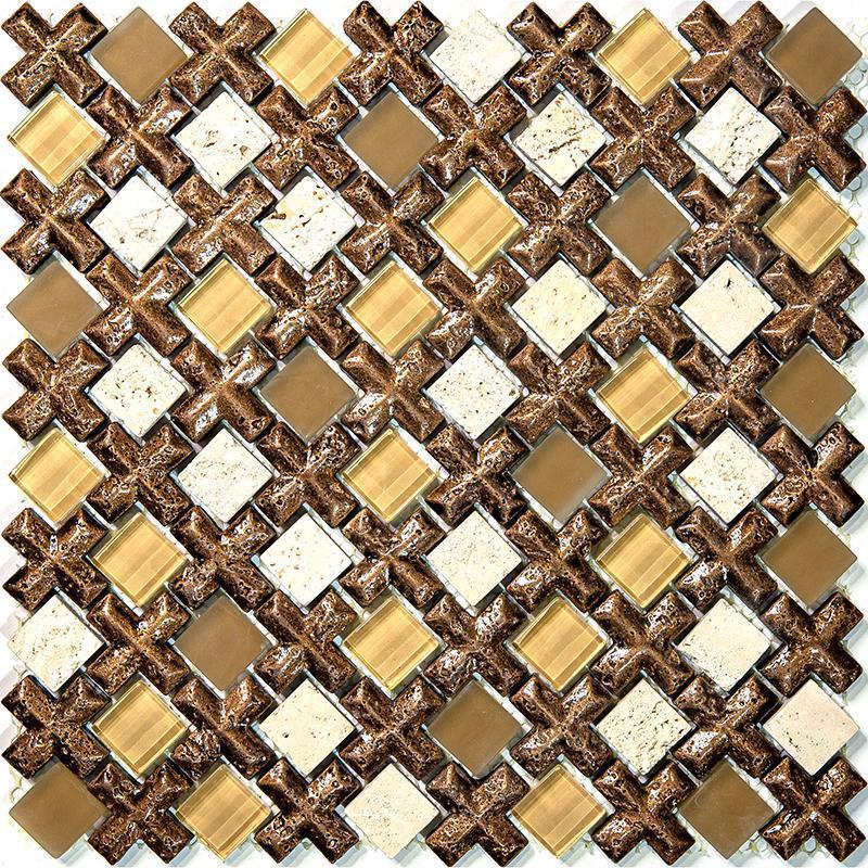 Beige Cross And Travertine With Glass Squares Mosaic Tile