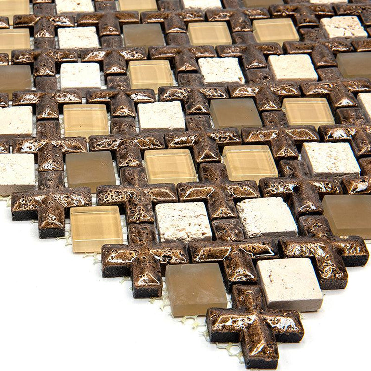 Beige Cross And Travertine With Glass Squares Mosaic Tile | Tile Club