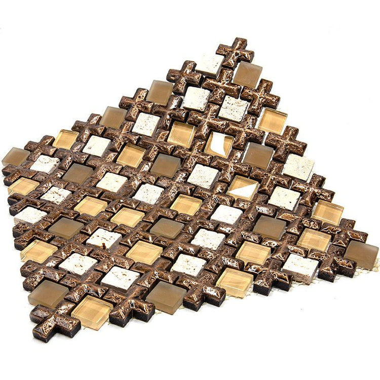 Beige Cross And Travertine With Glass Squares Mosaic Tile | Tile Club