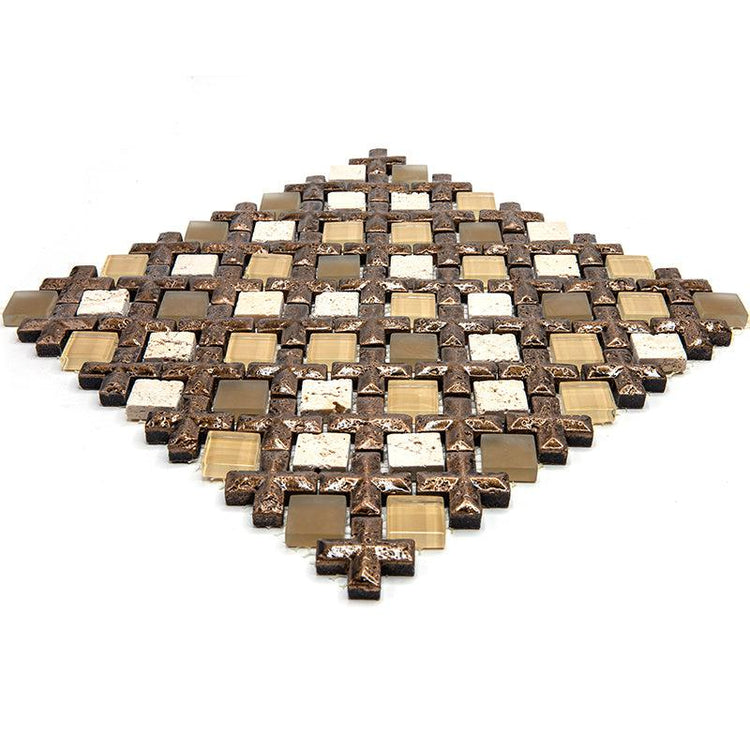 Beige Cross And Travertine With Glass Squares Mosaic Tile | Tile Club