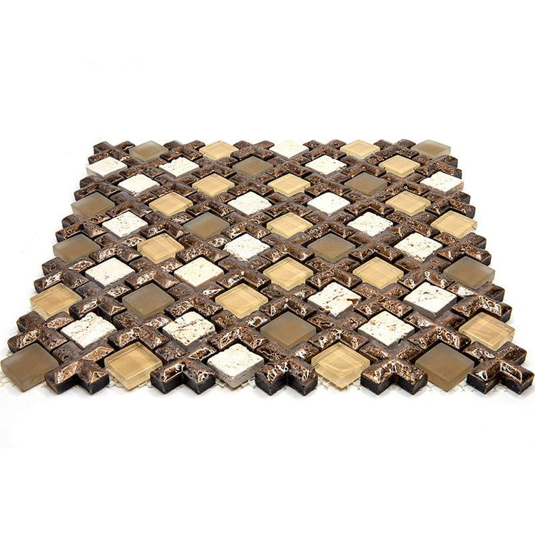 Beige Cross And Travertine With Glass Squares Mosaic Tile | Tile Club