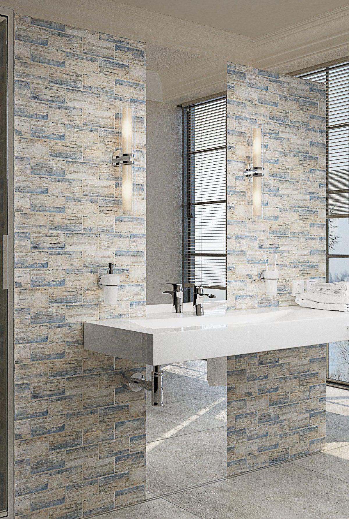 Modern Bathroom Vanity Tile Wall with Glass Subway Tiles