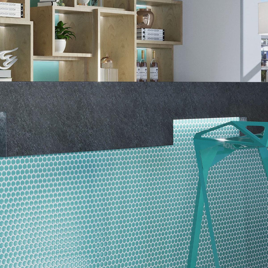 Teal Buttons Porcelain Penny Round Tile | Tile Club
