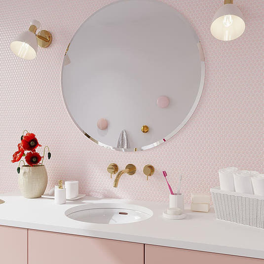 Pink Buttons Porcelain Penny Round Tile Bathroom Backsplash