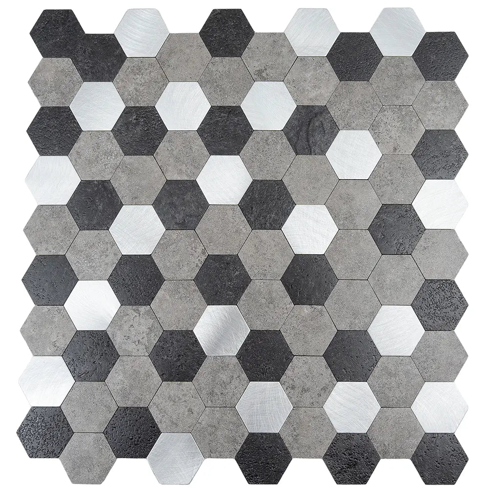 1.25" Silver, Grey and Black Hexagon Peel and Stick Tile | Tile Club