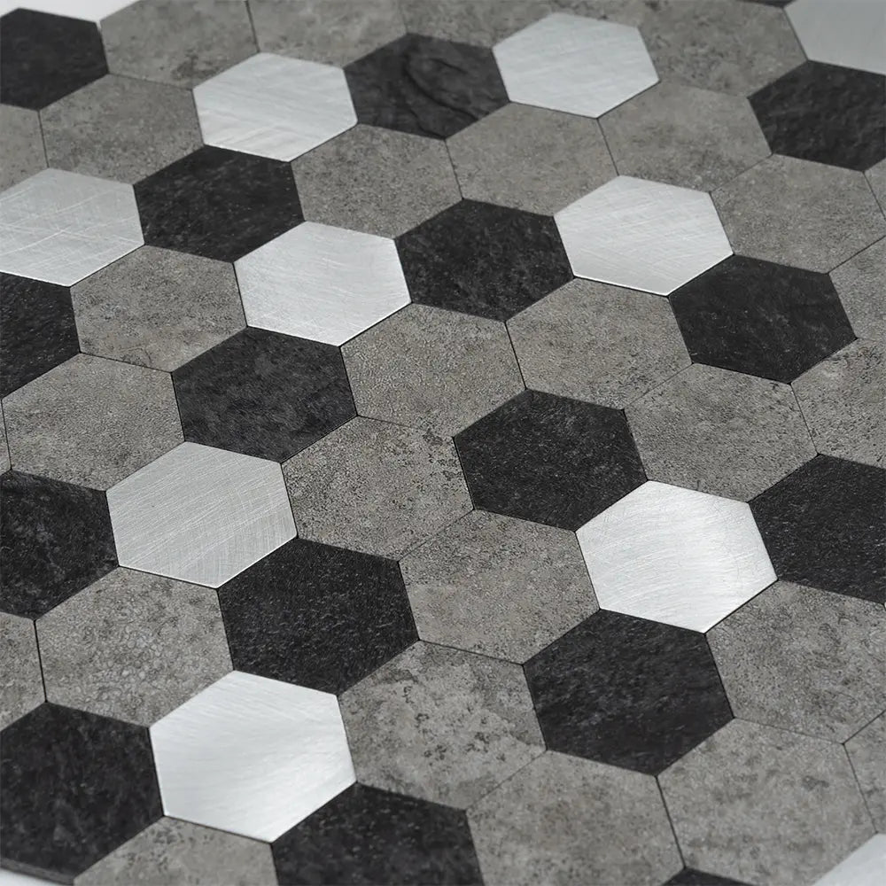 1.25" Silver, Grey and Black Hexagon Peel and Stick Tile | Tile Club