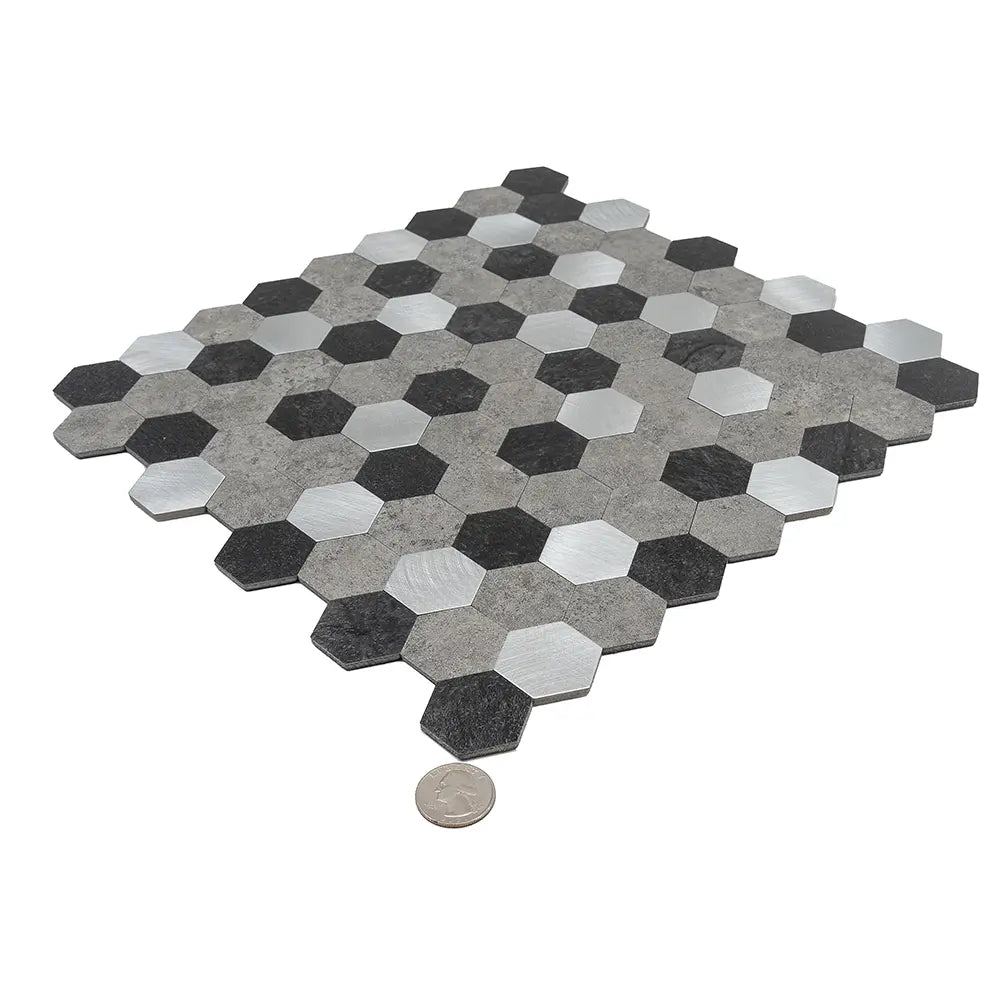 1.25" Silver, Grey and Black Hexagon Peel and Stick Tile | Tile Club