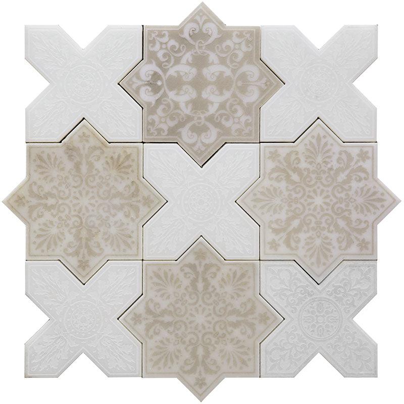 Moroccan Antique Star & White Cross Etched Marble Mosaic Tile Sample