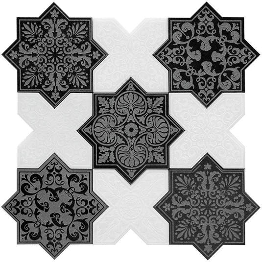 Moroccan Black Star & White Cross Etched Marble Mosaic Tile | Tile Club