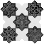 Moroccan Black Star & White Cross Etched Marble Mosaic Tile | Tile Club