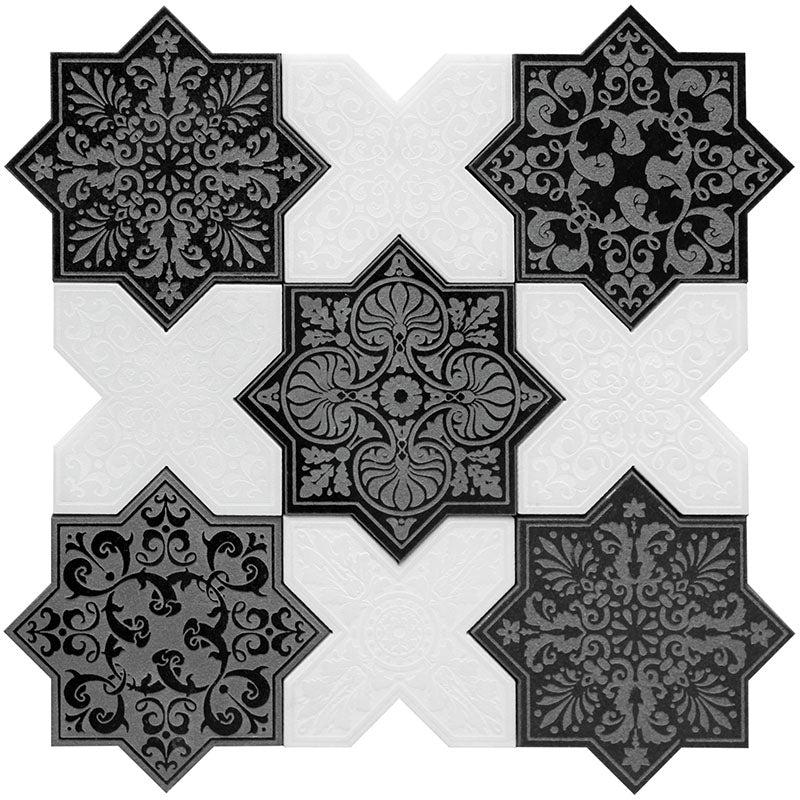 Moroccan Black Star & White Cross Etched Marble Mosaic Tile Sample