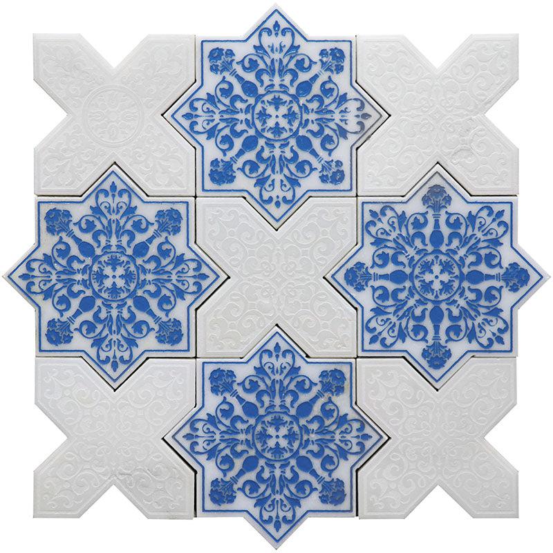 Moroccan Blue Star & White Cross Etched Marble Mosaic Tile Sample