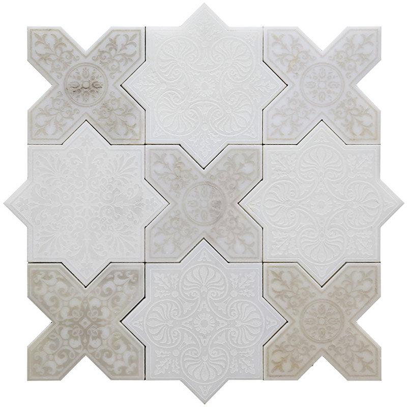 Moroccan White Star & Antique Cross Etched Marble Mosaic Tile Sample