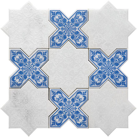 Moroccan White Star & Blue Cross Etched Marble Mosaic Tile | Tile Club