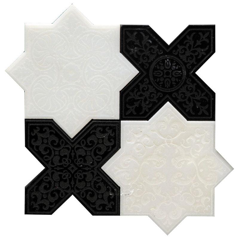 Moroccan White Star & Black Cross Etched Marble Mosaic Tile