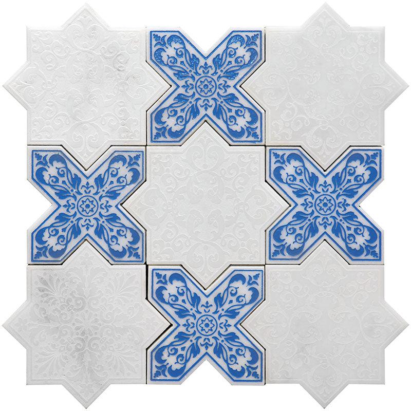 Moroccan White Star & Blue Cross Etched Marble Mosaic Tile Sample