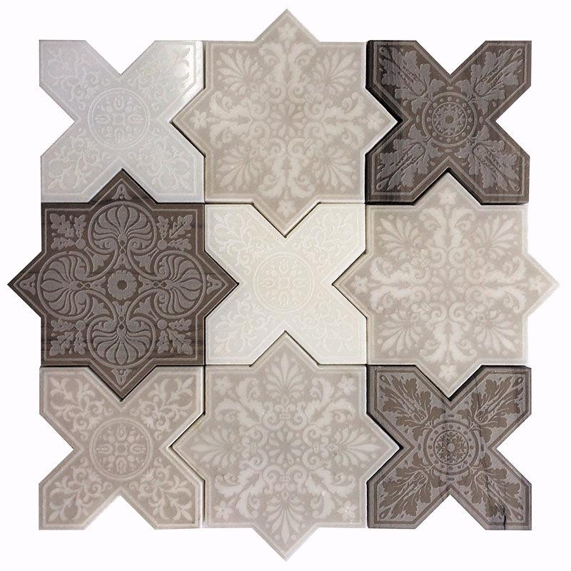 Moroccan Star & Cross White Grey Antique Mixed Etched Marble Tile