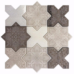 Moroccan Star & Cross White Grey Antique Mixed Etched Marble Tile Sample