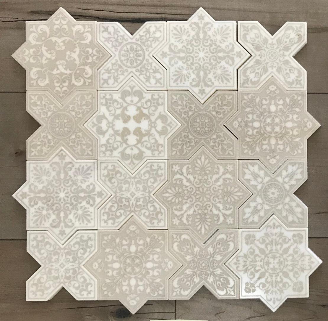 Moroccan Star & Cross Antique Etched Marble Mosaic Tile