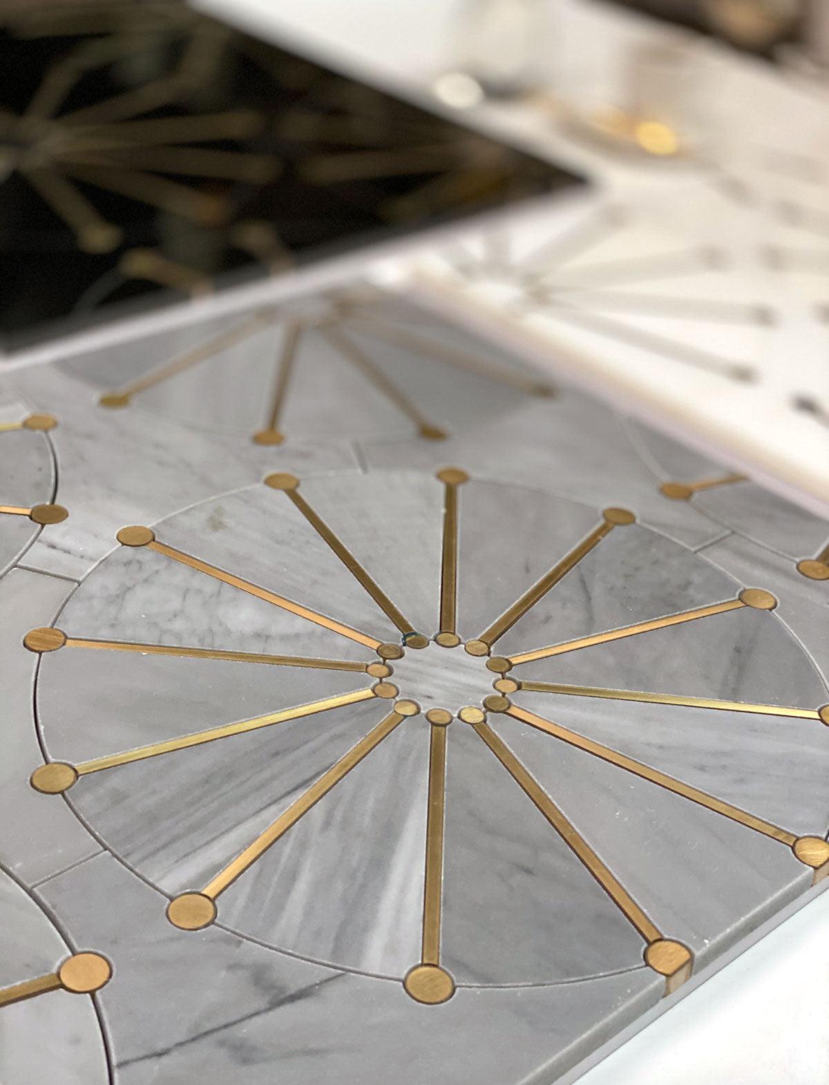 Wheel Deco Gray Marble and Brass Inlay Mosaic Tile | Tile Club