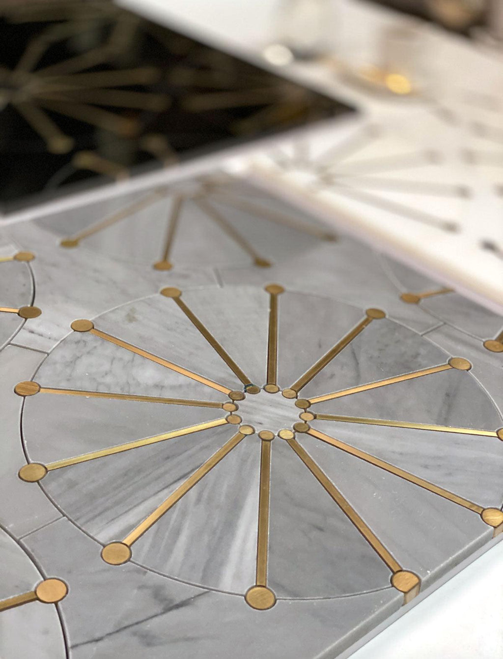 Wheel Deco Gray Marble and Brass Inlay Mosaic Tile | Tile Club