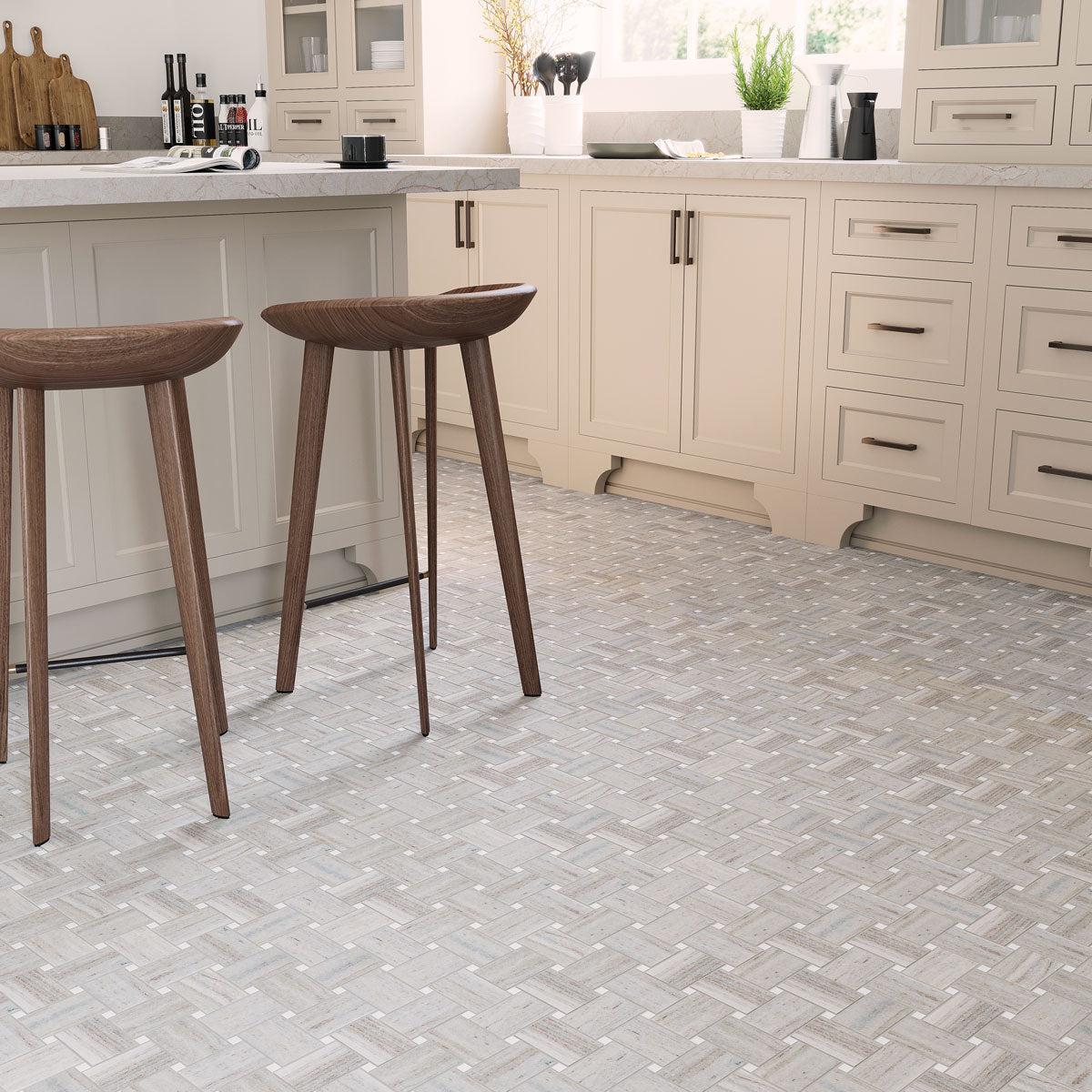 Neutral Beige and White Basket Weave Patterned Kitchen Floor Tiles