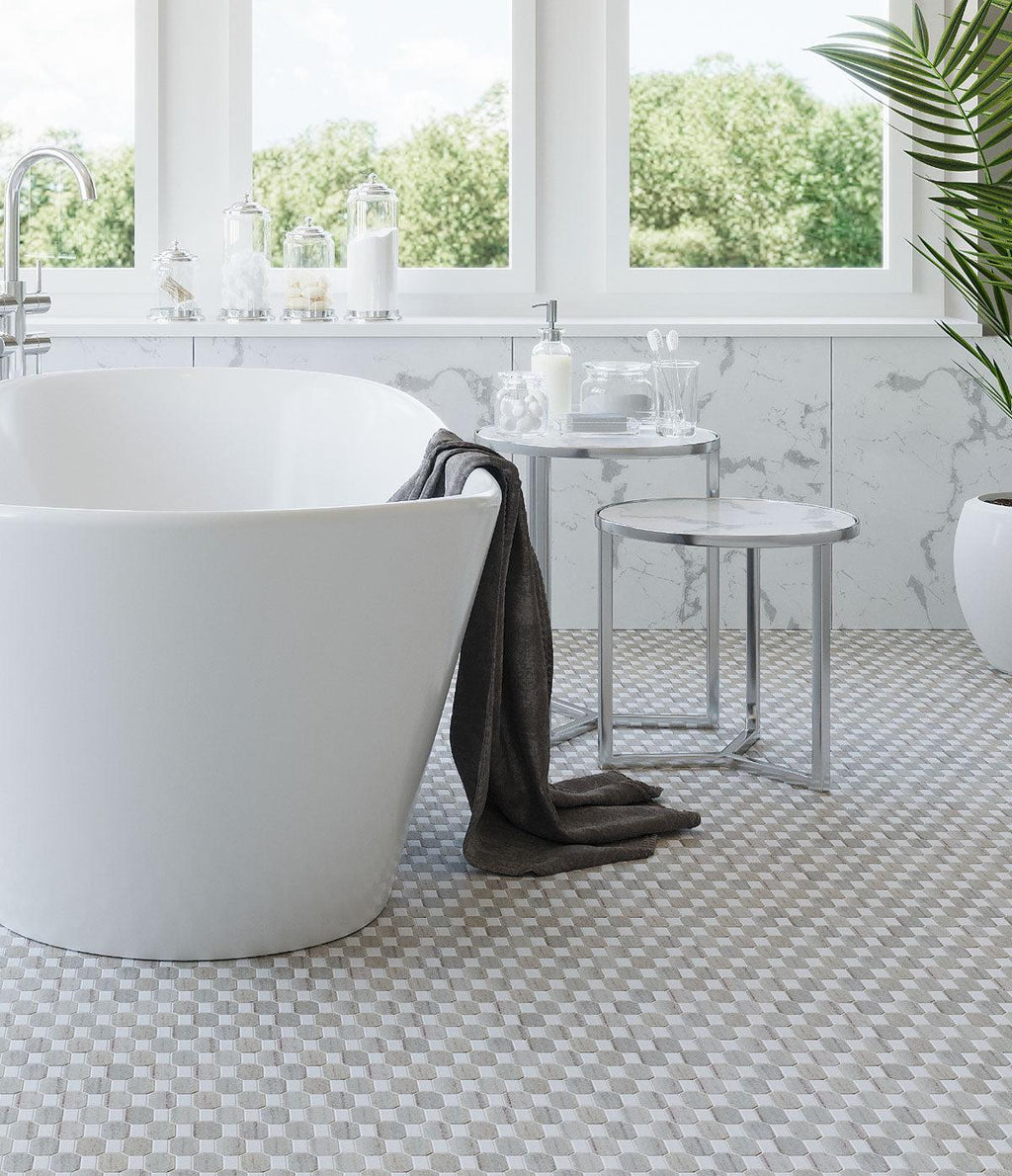 Sand Valley And Thassos Wave Marble Mosaic Tile Bathroom Floor