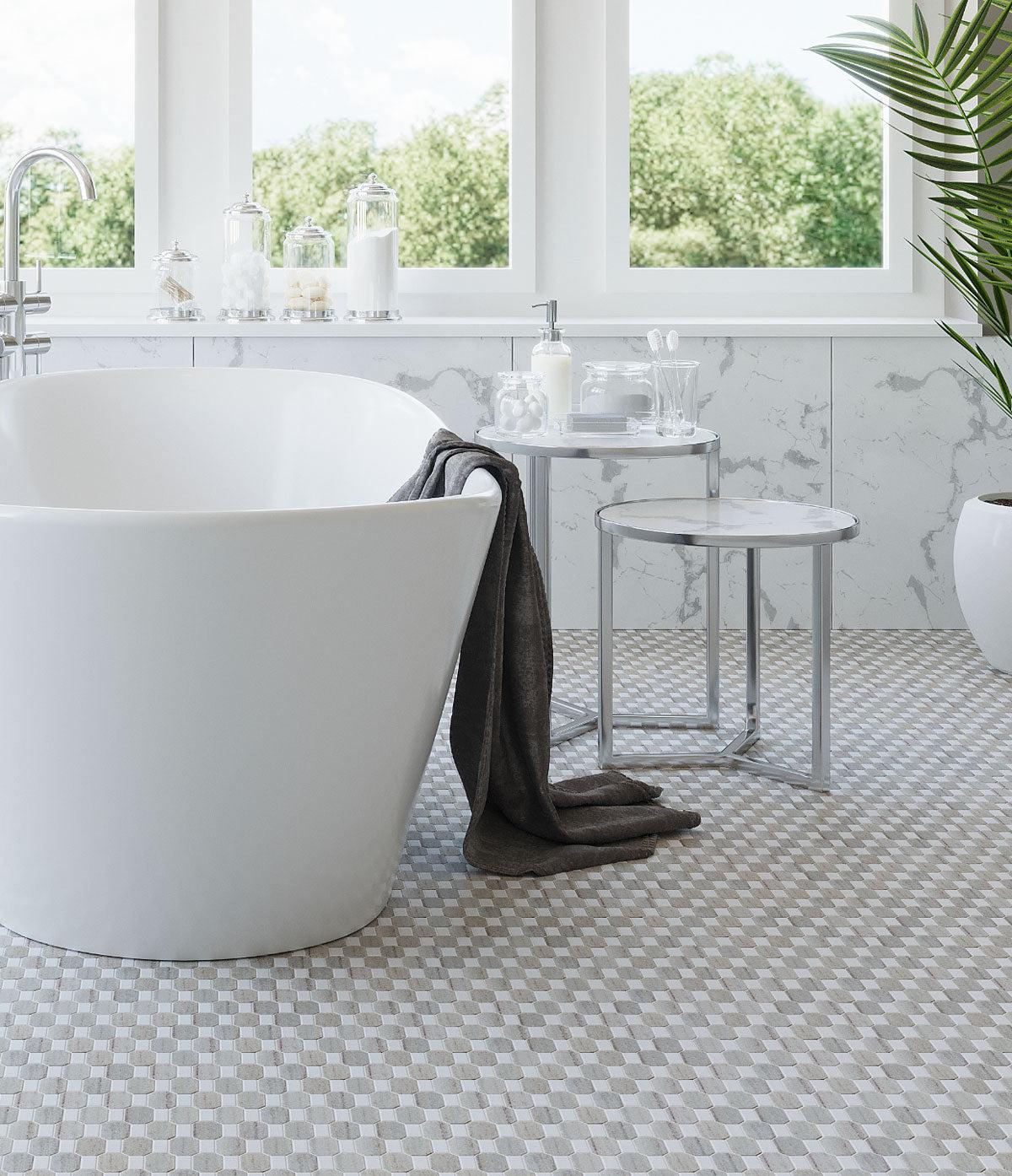 Sand Valley And Thassos Wave Marble Mosaic Tile Bathroom Floor