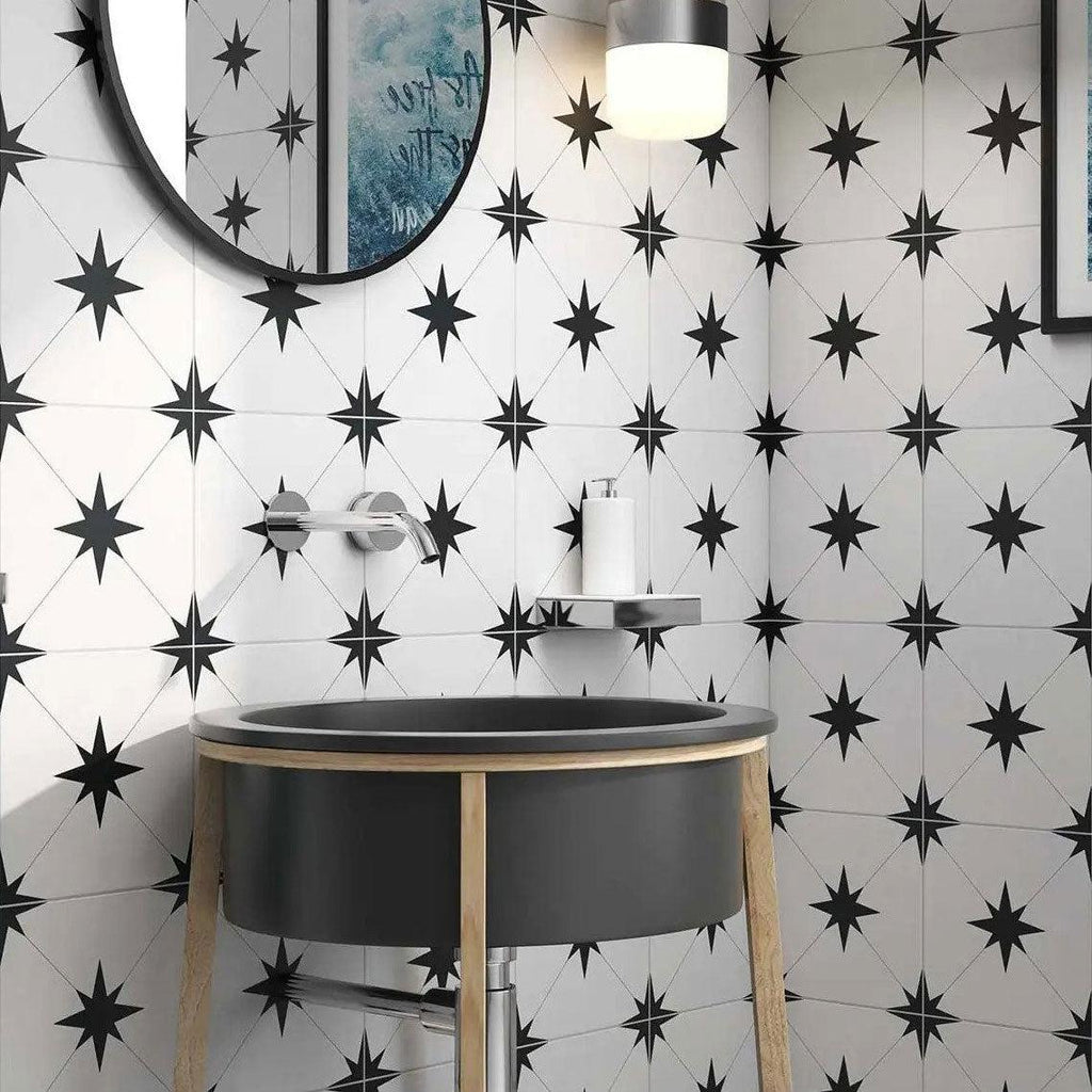 Starlight Eclipse White and Black Encaustic Porcelain Tile | Tile Club