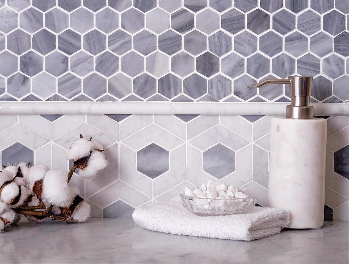 Double Hex Carrara & Bardiglio Marble Mosaic Tile | Tile Club