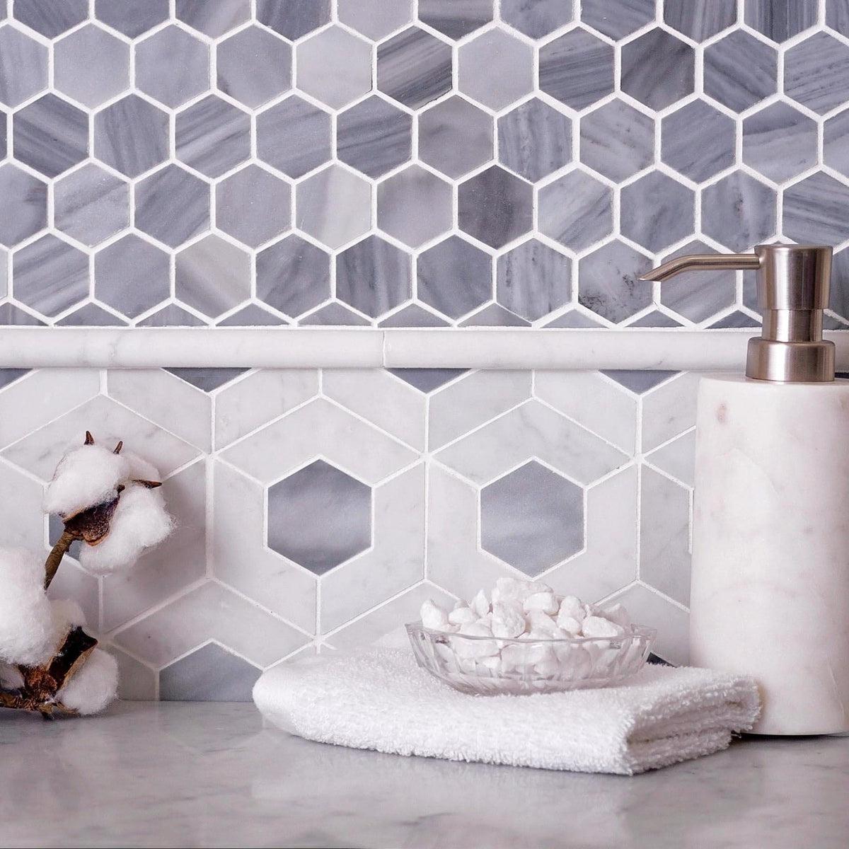 11.4" x 13" Double Hex Carrara & Bardiglio Marble Mosaic Tile| Tile Club