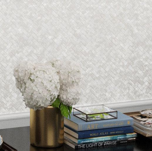 Pure White Mother Of Pearl Herringbone Mosaic Tile