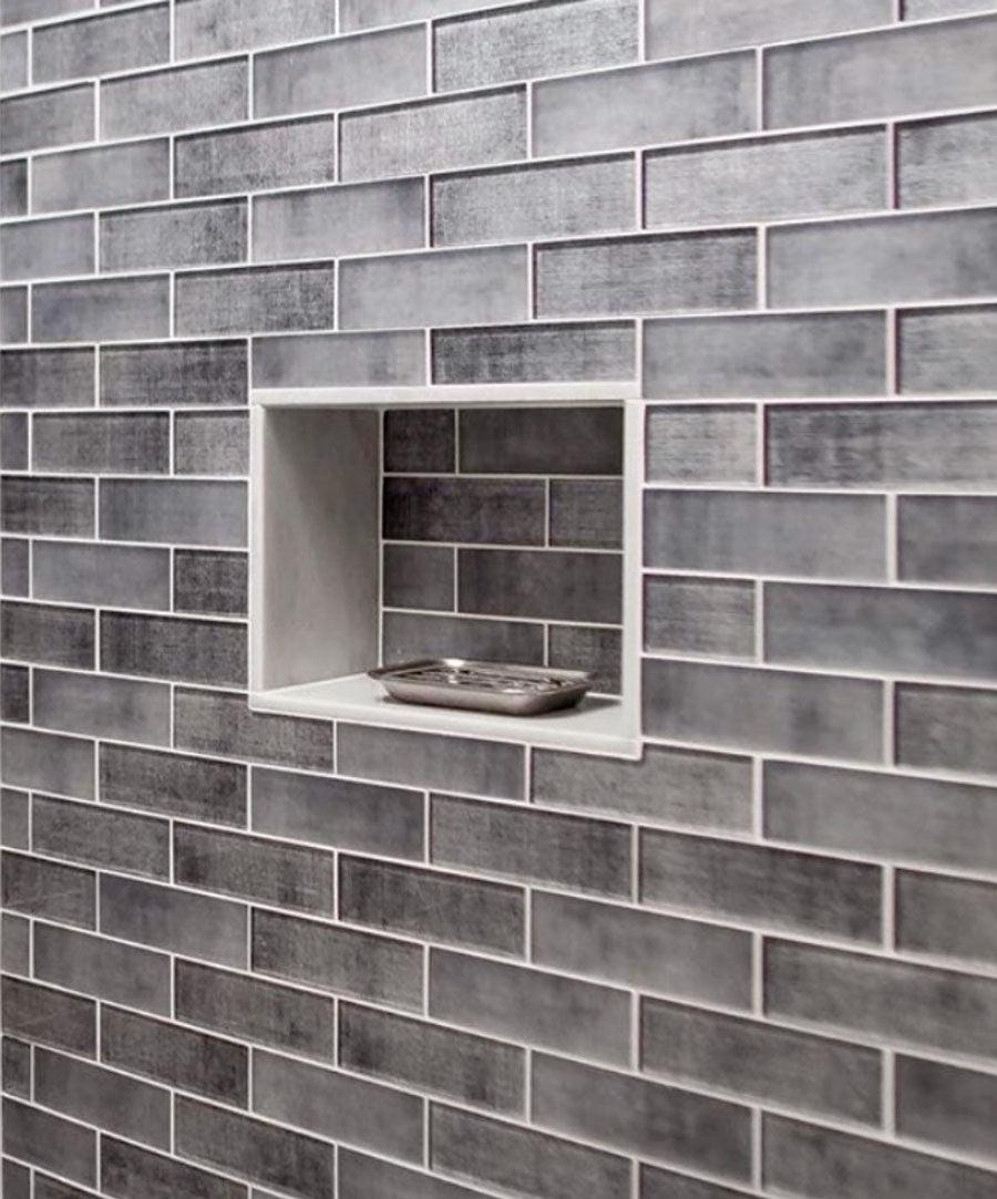 Grey Fabric Glass Subway Mosaic Tile Shower Niche
