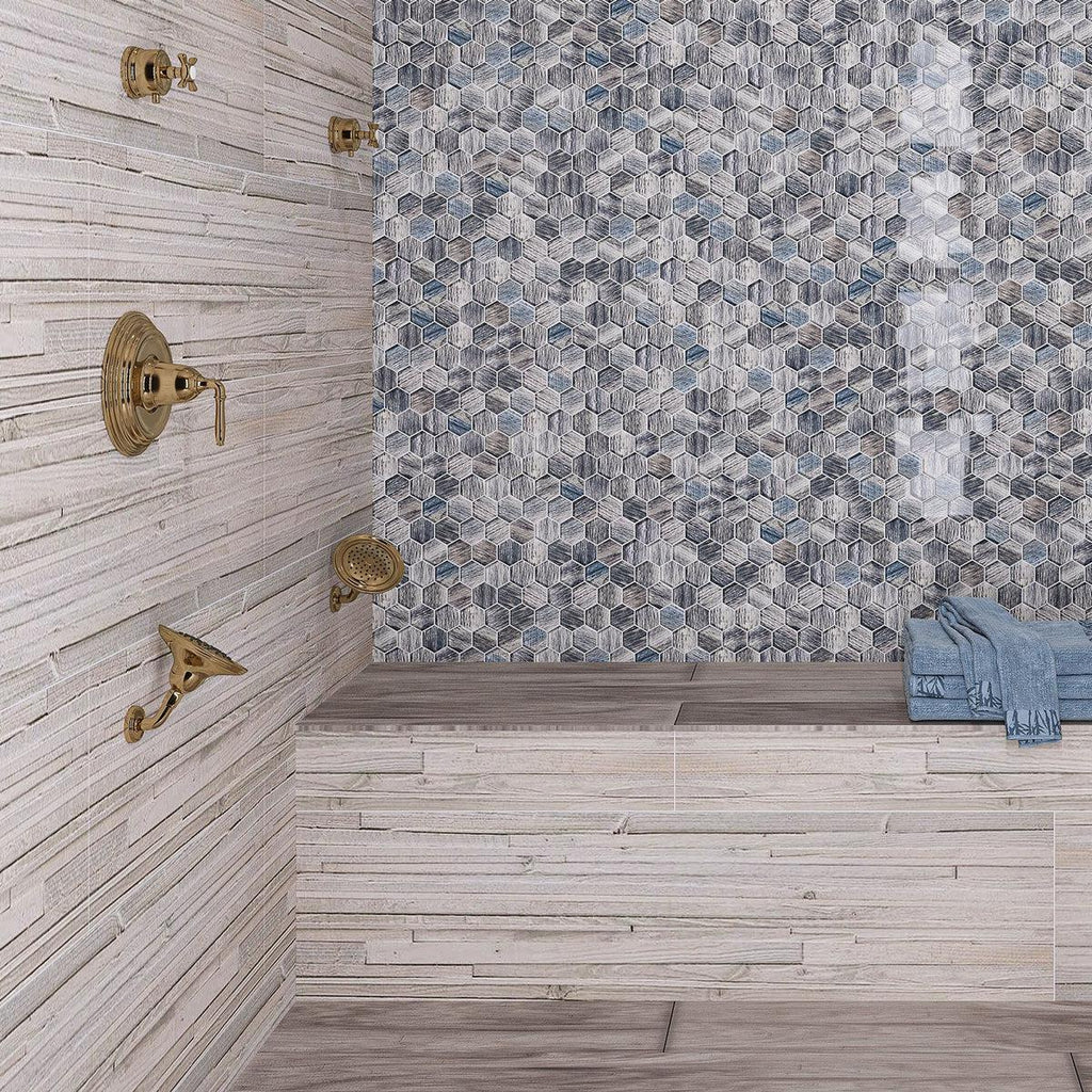 Rustic bathroom double shower with wood look tile walls and floors